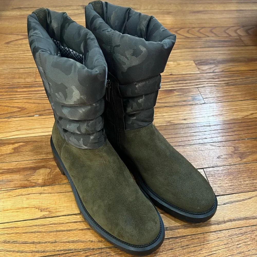 Aquatalia women‎ Lori olive green camouflage suede quilted puffer boots size 7